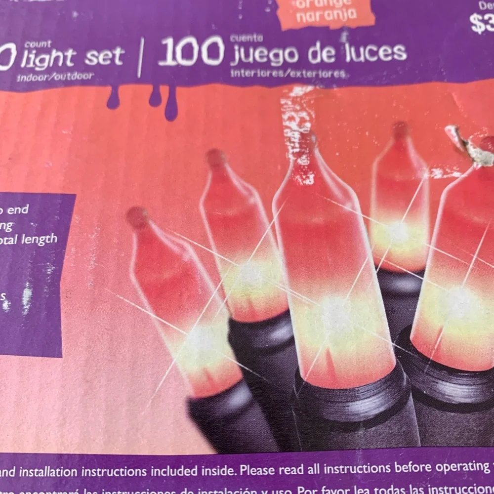 Halloween Flicker Flame Lights Orange String Lights 24Ft Vintage Steady Or Flash