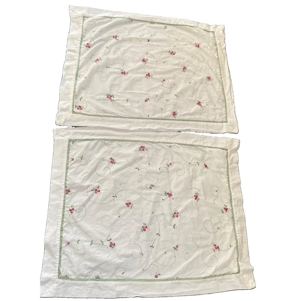 2 White Standard Shams Pillow Case Carnation Floral Embroidered Cottage Core
