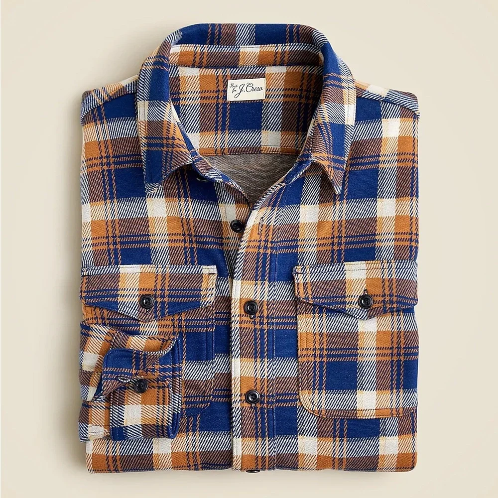 NWT J Crew Seaboard Soft Knit Shirt Men’s XL Brown Blue White Plaid BV898