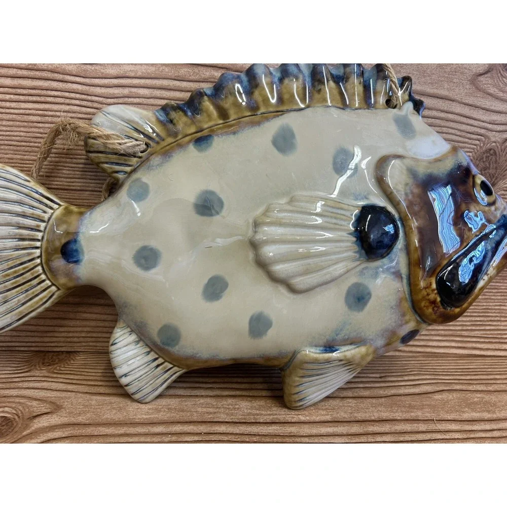 Ceramic Glazed Fish Wall Hanging Beige Brown Blue Polka Dots 14.5