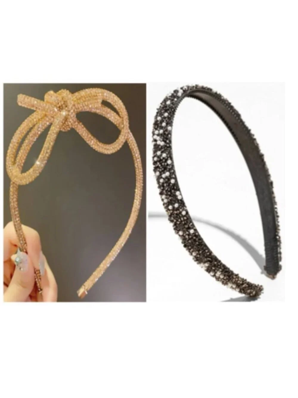 Set of 2: Sparkly Headbands Gold Bow & Black Pearls - NEW