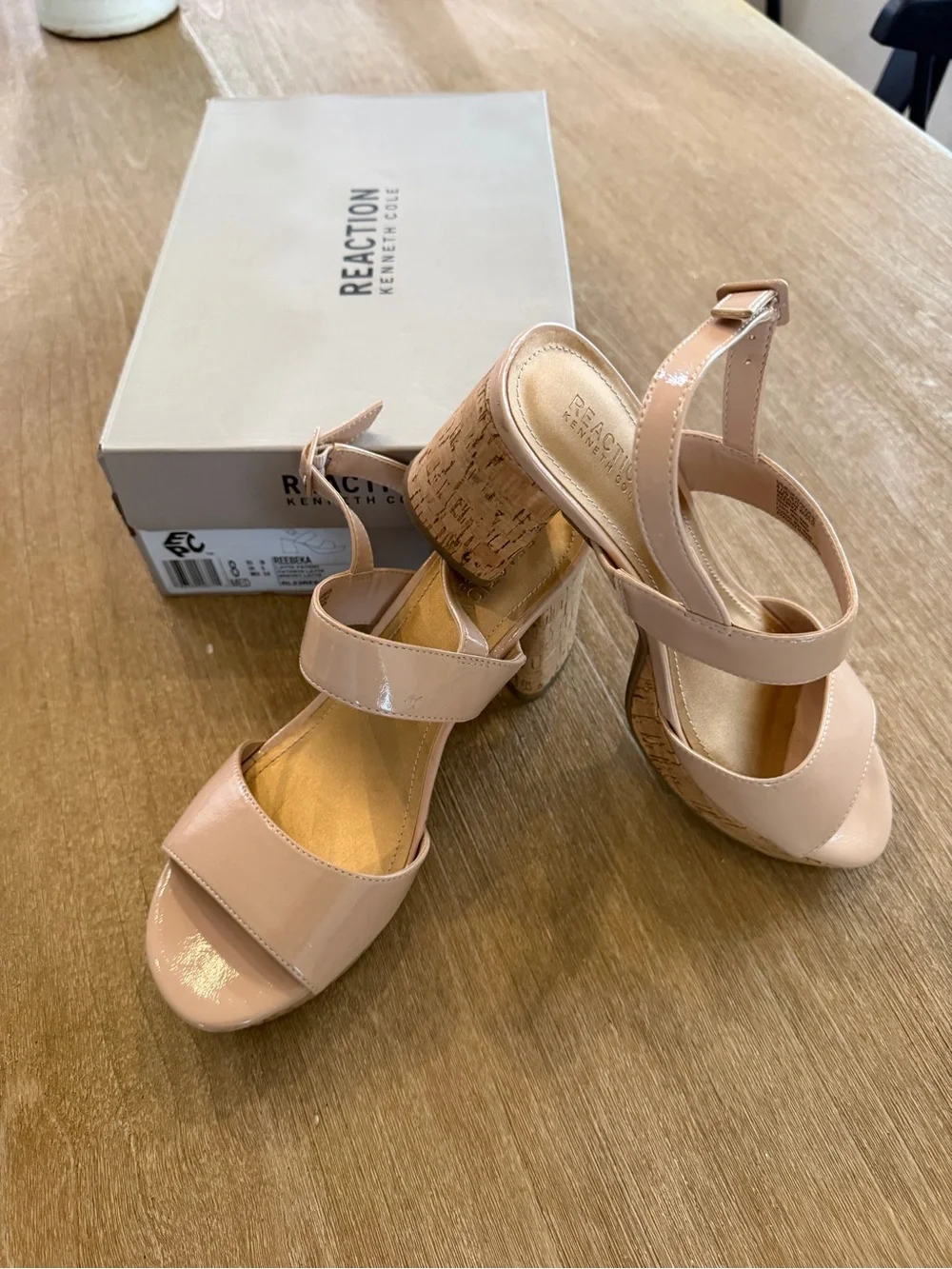Kenneth Cole Reaction Reebeka Nude Patent Cork Block Heel Sandals Women’s Size 8