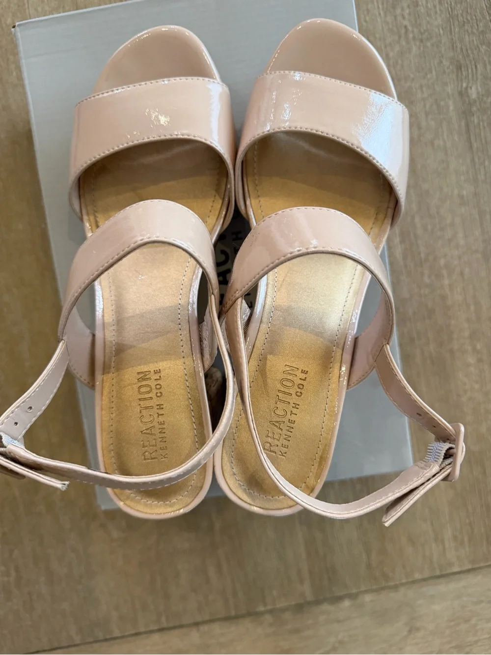 Kenneth Cole Reaction Reebeka Nude Patent Cork Block Heel Sandals Women’s Size 8