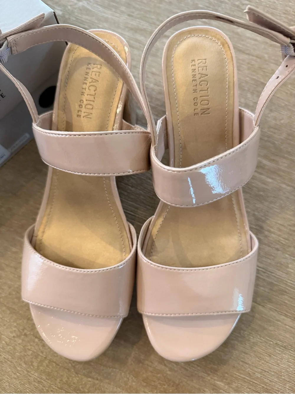 Kenneth Cole Reaction Reebeka Nude Patent Cork Block Heel Sandals Women’s Size 8