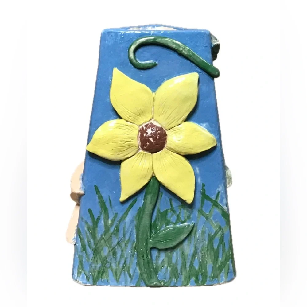 Vintage Pottery Sunflower Butterfly Vine Vase Whimsical Twee Quirky Fairy Core