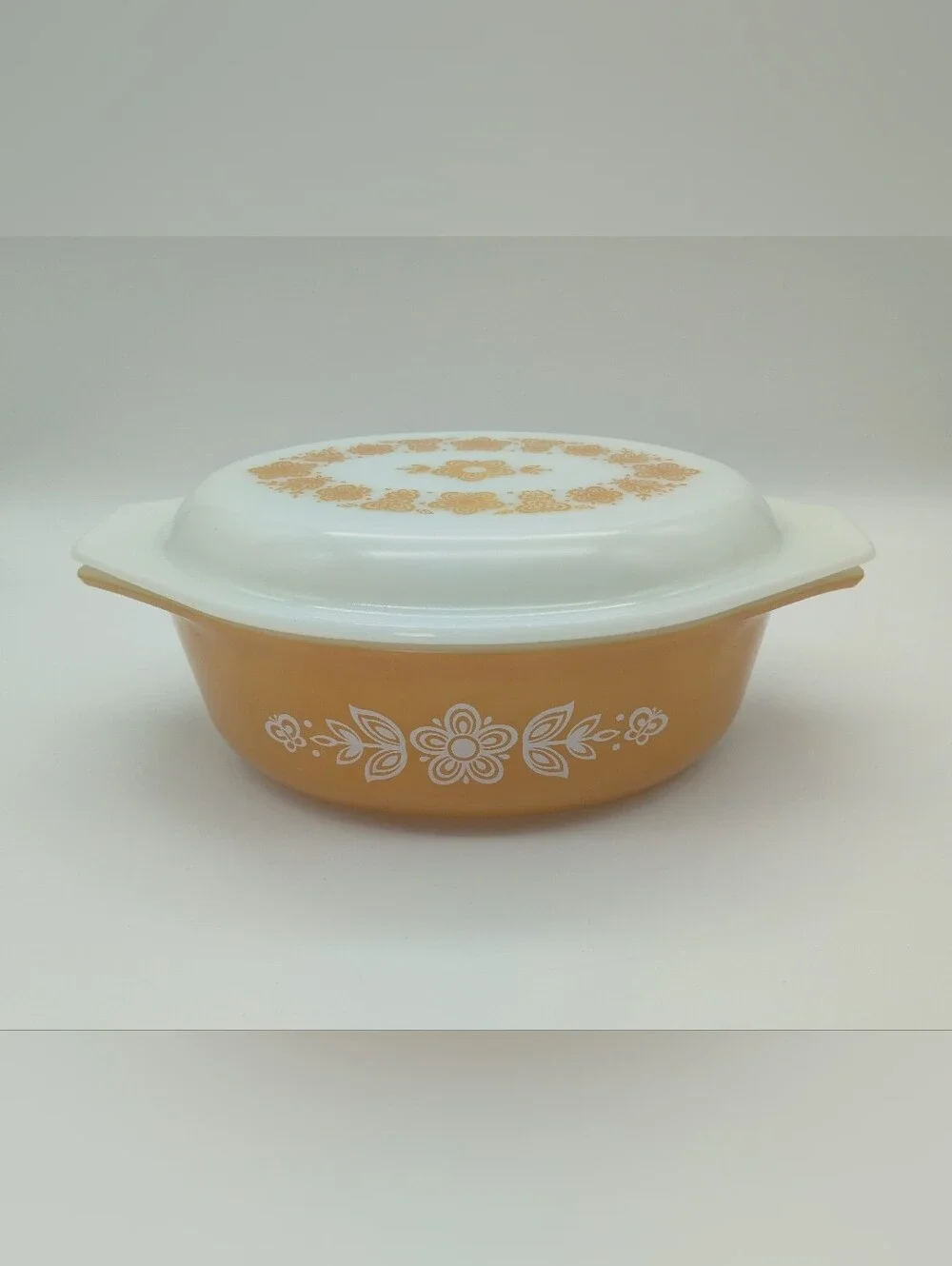 Pyrex Butterfly Gold/Peach & 043 Early American Brown Casserole Dish 1.5Qt