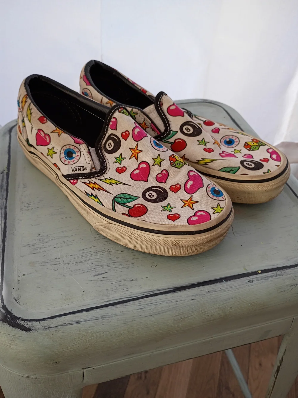 Vans Kids Slip-On Sneakers Cream Multi Icon Hearts Cherries Stars 8-Ball Sz 5