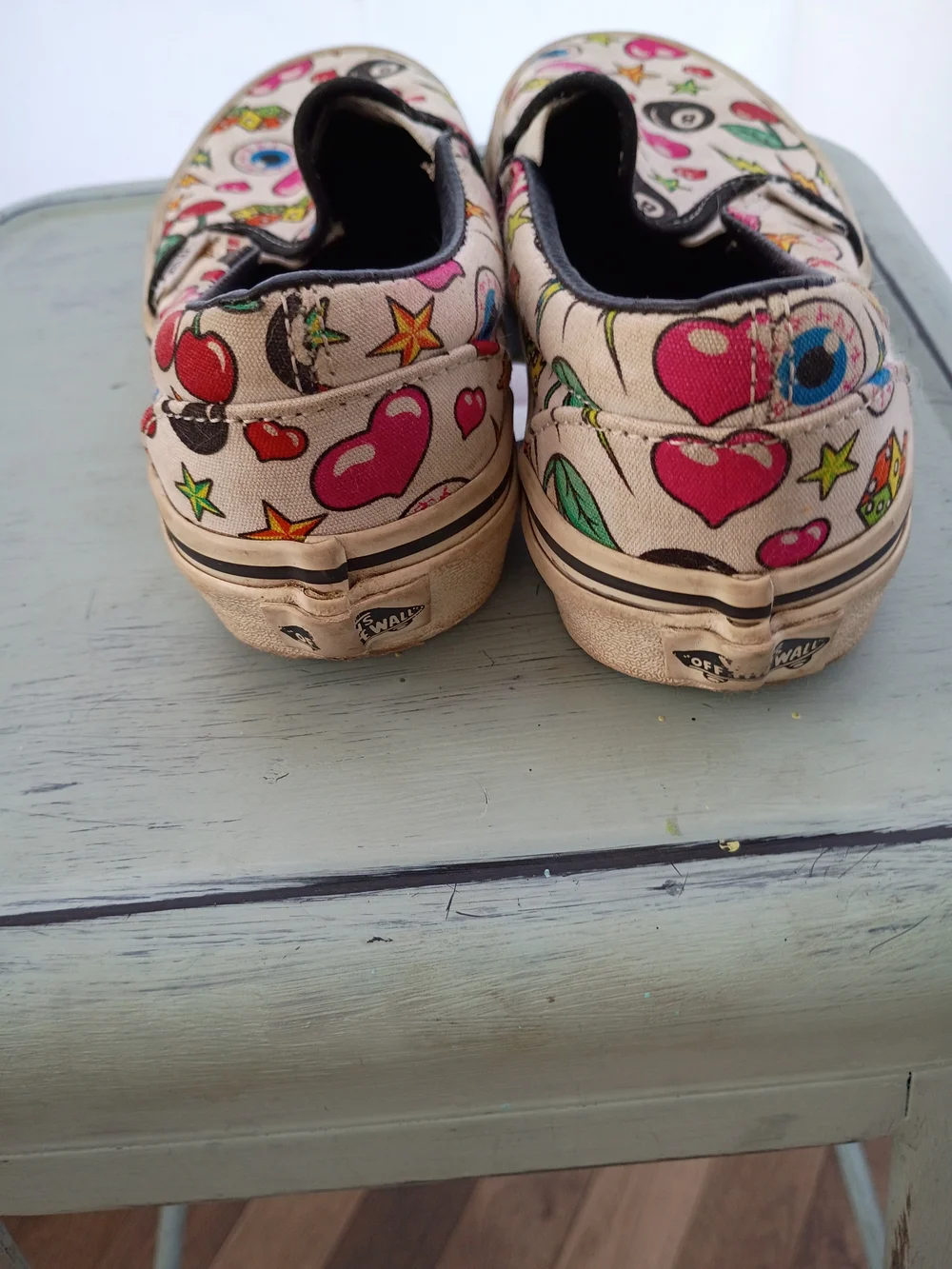 Vans Kids Slip-On Sneakers Cream Multi Icon Hearts Cherries Stars 8-Ball Sz 5