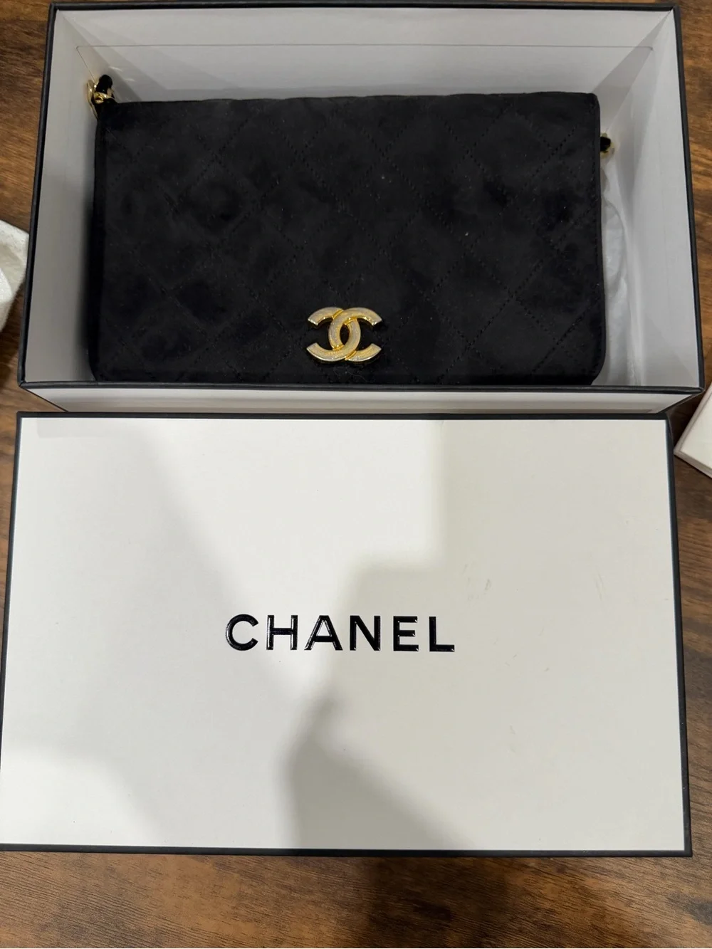 CHANEL Black Quilted Suede Chain Crossbody with Gold Hardware