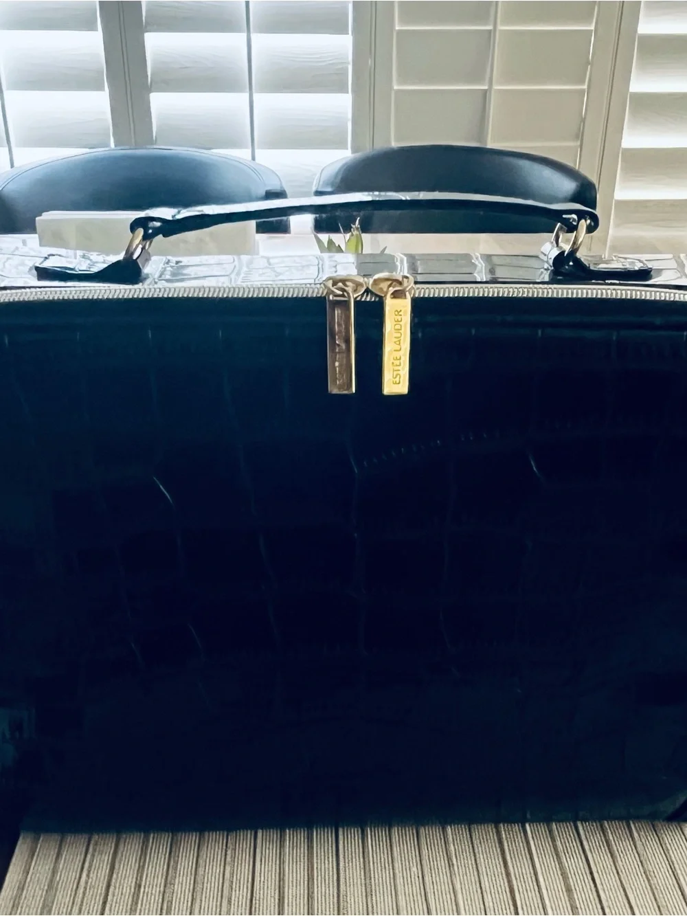 Estee Lauder Black Patent Cosmetic Case with Gold Zipper Pulls