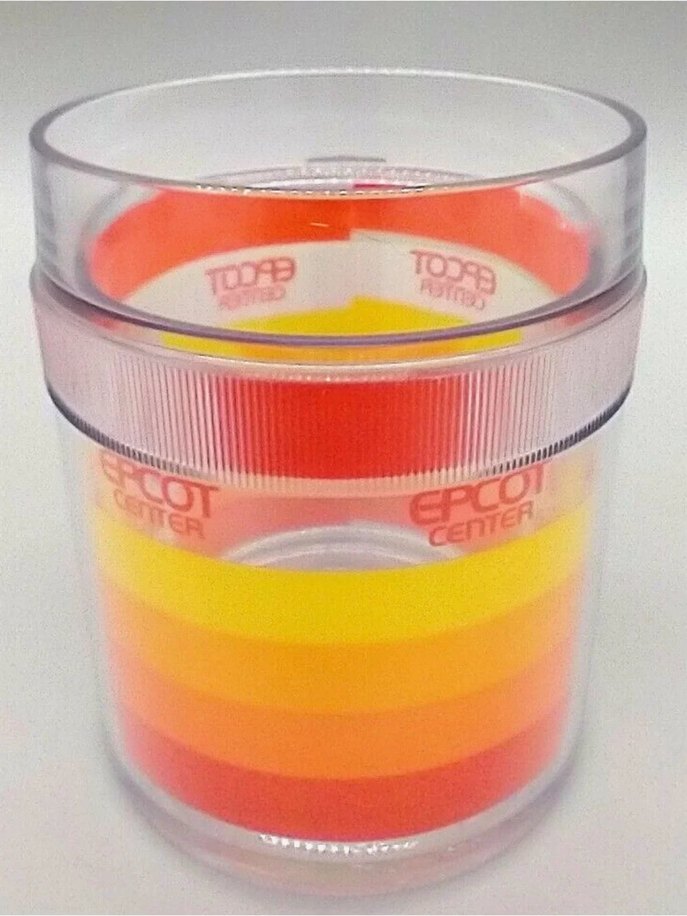 Disney Epcot Center Clear Acrylic Mug with Orange and Yellow Stripes
