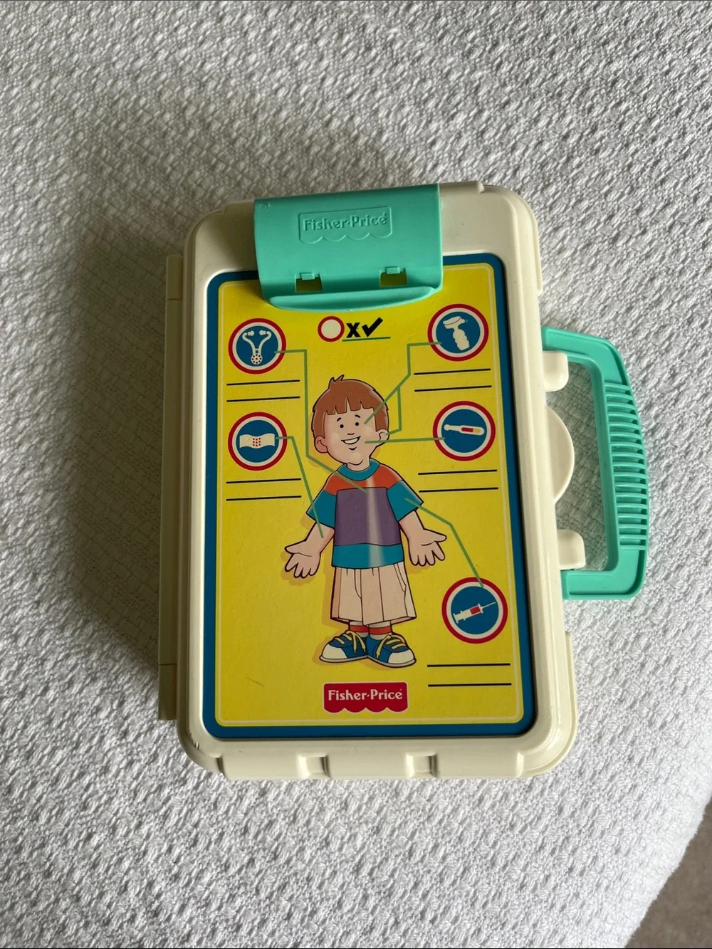 1997 Fisher-Price Cream Case with Teal Handle Kids Medical Storage Box