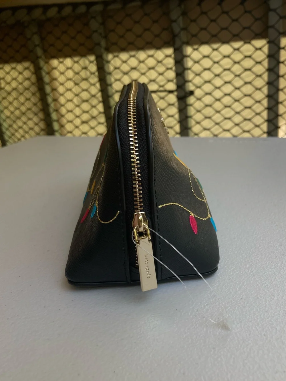 Kate Spade Holiday Christmas String Lights Makeup Cosmetics Bag Black Leather