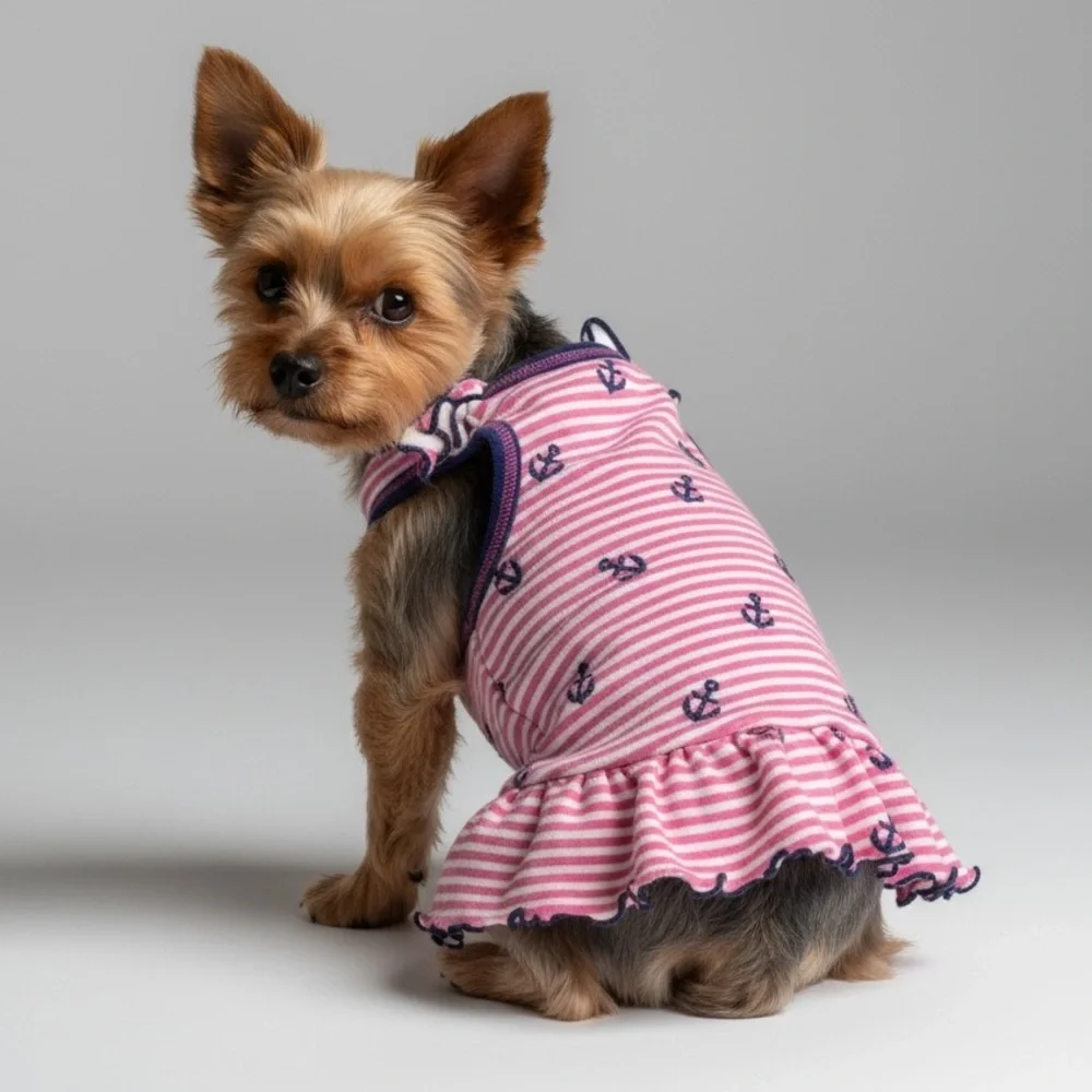 Nautical Striped Dog Dress with Anchor Print