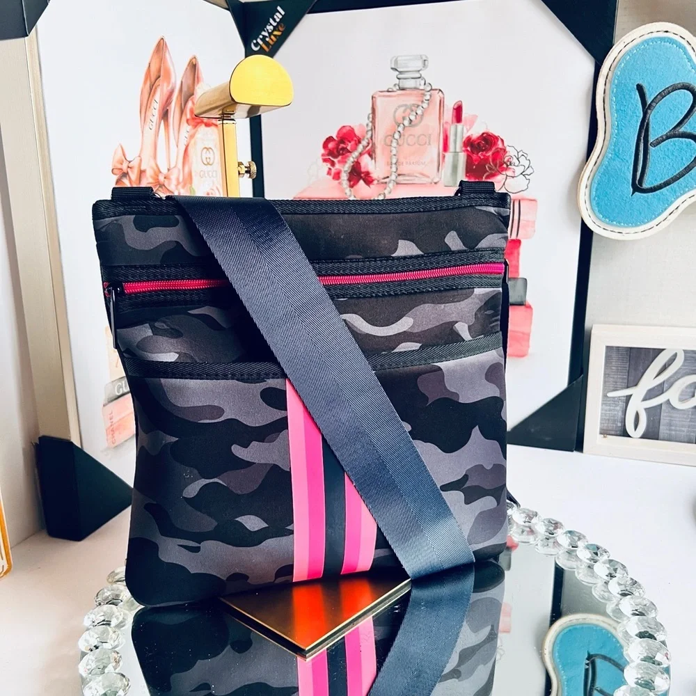 HAUTE SHORE neoprene Camouflage with Pink and Black l Accents crossbody bag