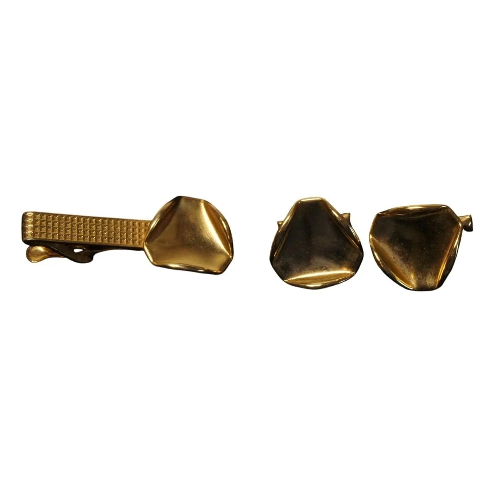 Vintage‎ Gold Tone Tie Bar & Cufflinks Set Abstract Modernist Mid Century