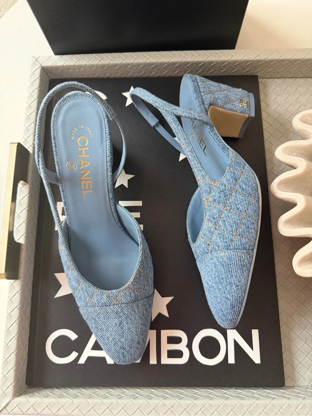 Chanel 26B CC Logo Light Blue Quilted Denim Jean Slingback Pumps Chunky Heel 38