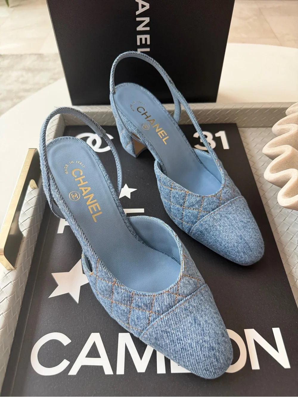 Chanel 26B CC Logo Light Blue Quilted Denim Jean Slingback Pumps Chunky Heel 38