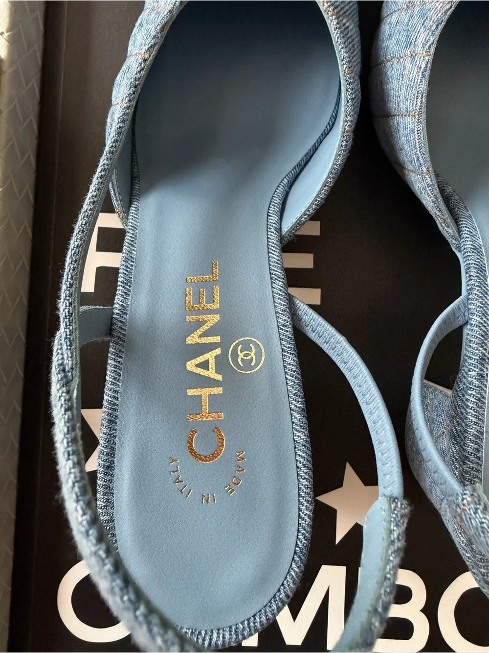 Chanel 26B CC Logo Light Blue Quilted Denim Jean Slingback Pumps Chunky Heel 38