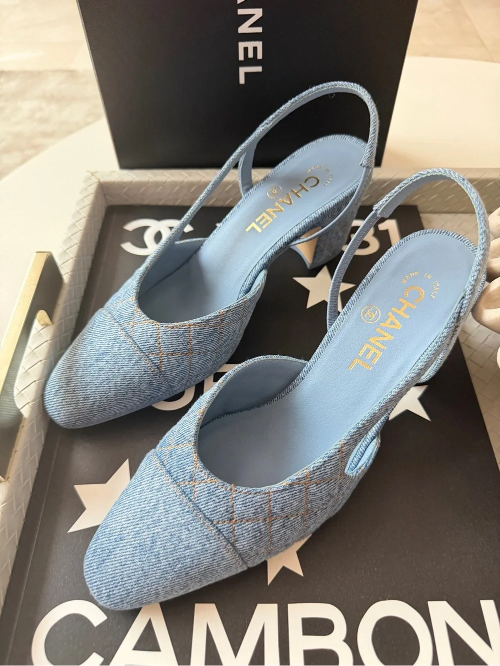 Chanel 26B CC Logo Light Blue Quilted Denim Jean Slingback Pumps Chunky Heel 38