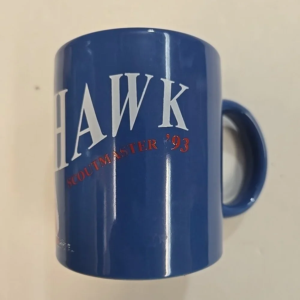 Vintage Boy Scout Mug Tomahawk Scout Master 1993 '93 Camp Blue Wrap Around BSA