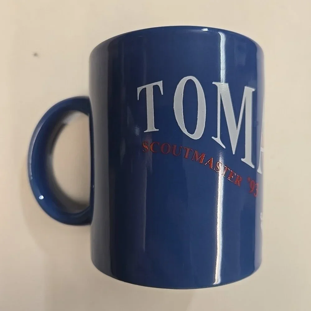 Vintage Boy Scout Mug Tomahawk Scout Master 1993 '93 Camp Blue Wrap Around BSA