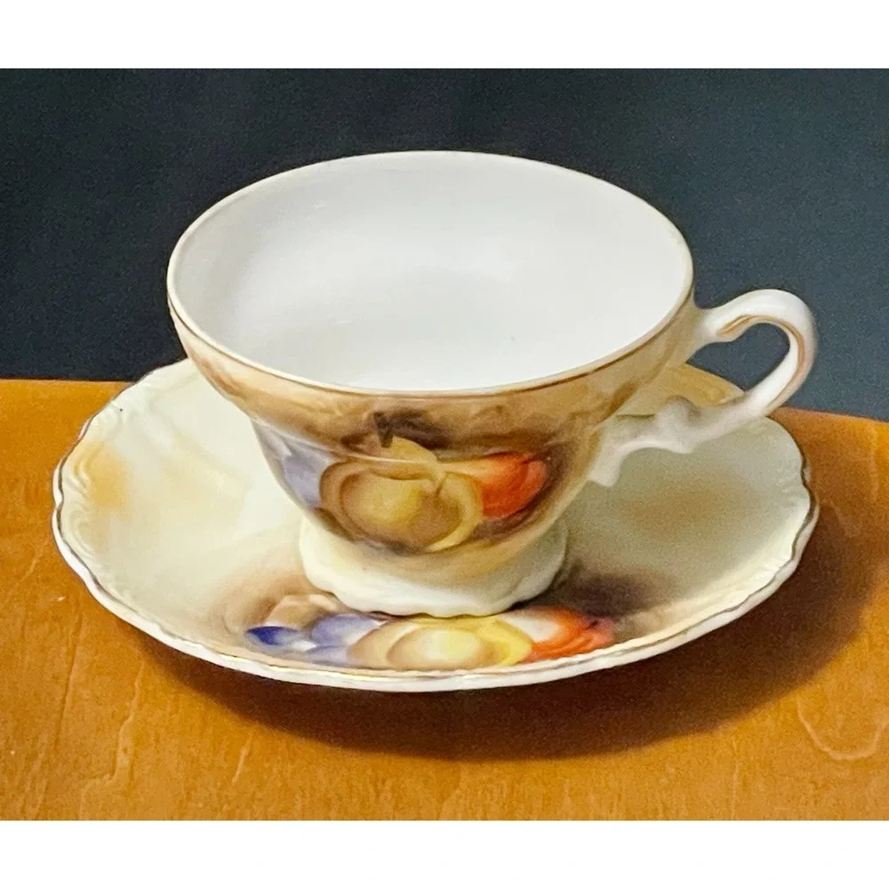 Vintage Tea Cup And Saucer Fruit Design Pear Grapes Gold Trim