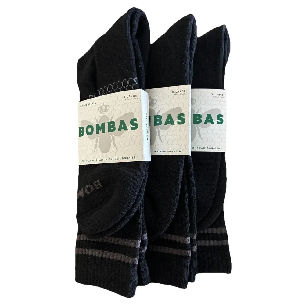 BOMBAS Socks Men's XL Black Gray Stripe Calf Logo‎ (US 13.5-16) NEW Lot Of 3