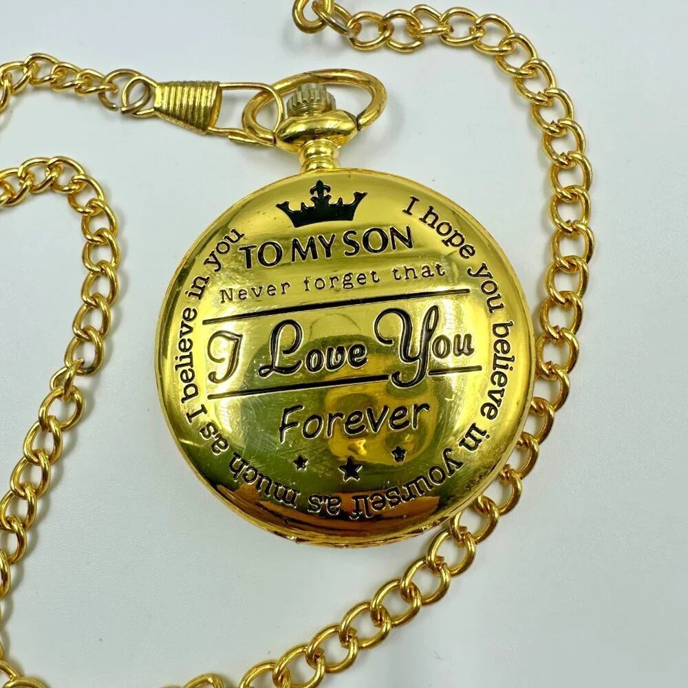 Pocket Watch Gold Tone Engraved To My Son I Love You Forever Chain New Battery
