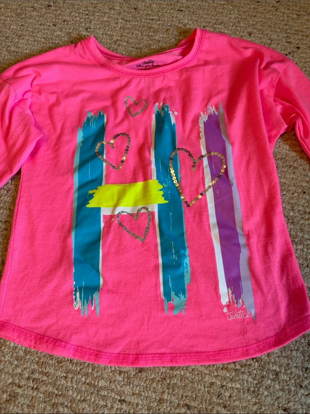 Justice Girls Neon Pink Long-Sleeve Heart Brushstroke Tee
