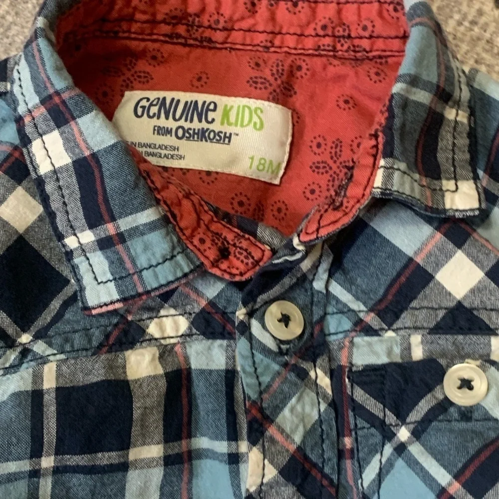 💙 Vintage 18M Denim Overalls & Plaid Shirt Set – Retro Baby Outfit 💙