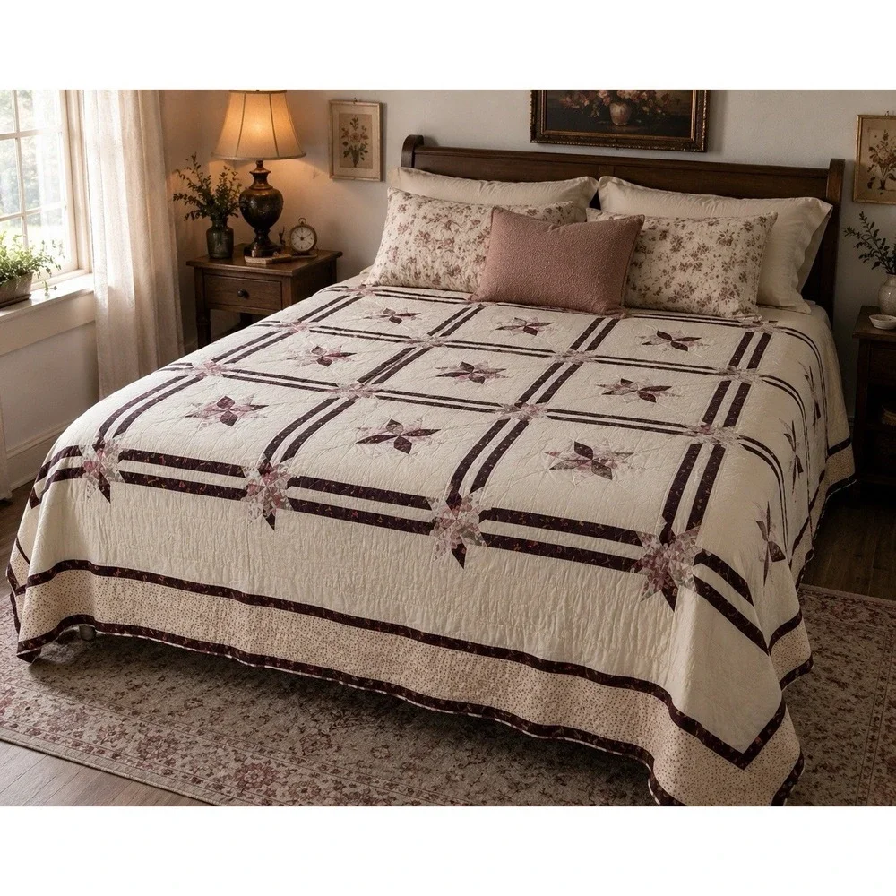 Handmade Patchwork Quilt 100x88 Burgundy Cream Floral Pinwheel Cottage Queen