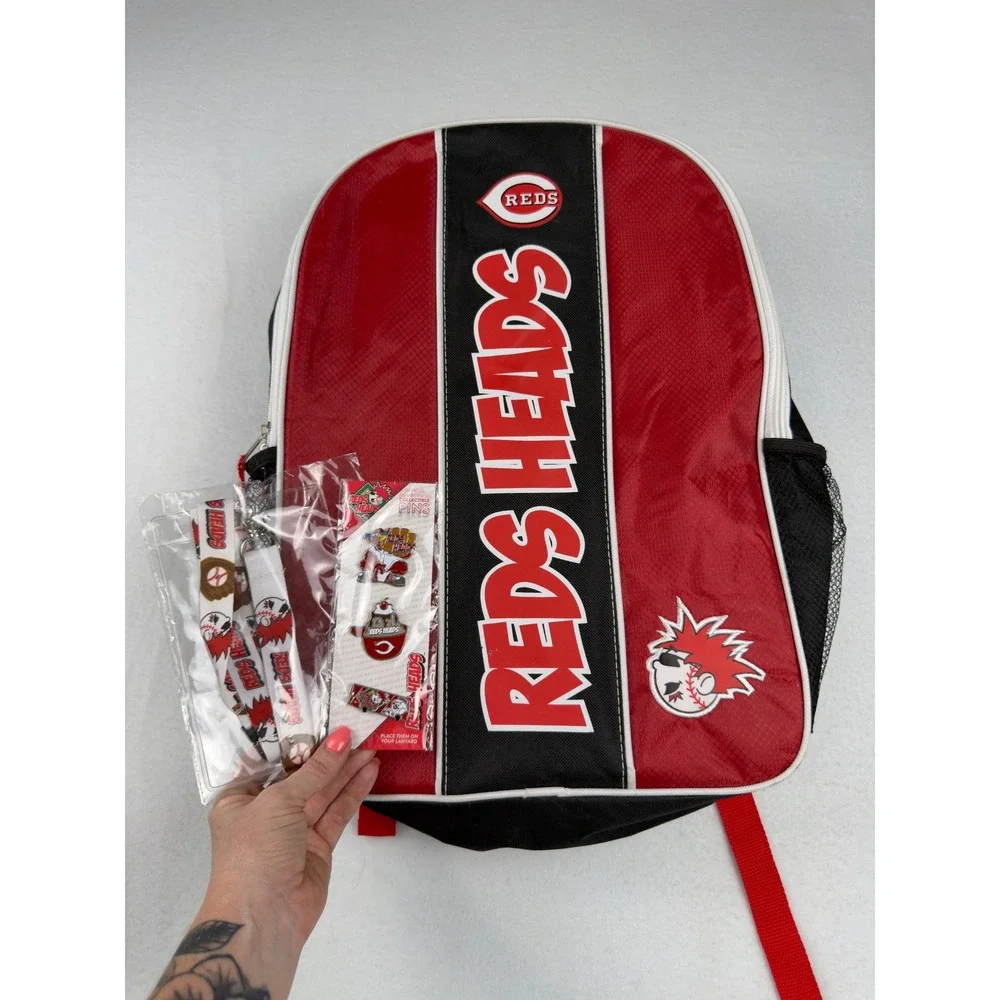 Cincinnati Reds Heads Kids Club Backpack Lanyard and Pins Set Red Black Baseball