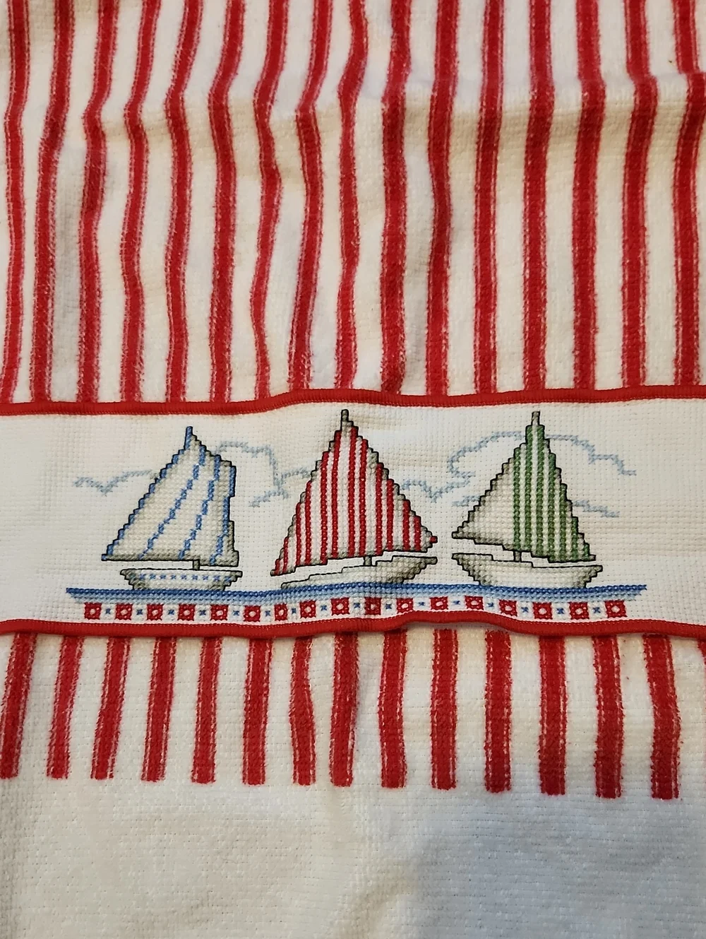 Cross Stitch Embroidered Sailboat Themed Red White Stripe 100% Cotton Dish Towel