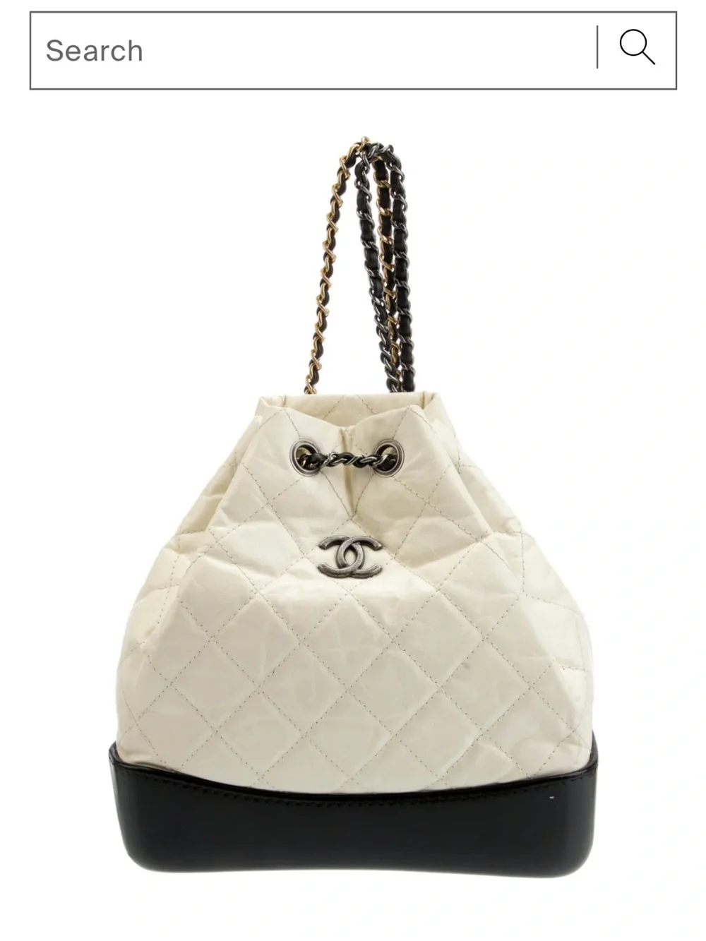 CHANEL White Quilted Leather Tote with Black Base and Mixed Metal Chain Straps