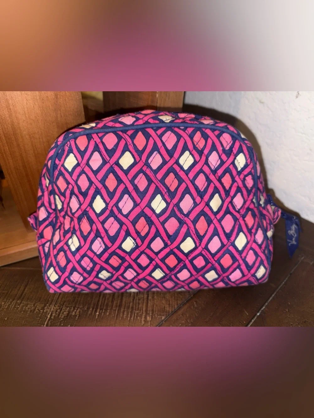 Vera Bradley Navy and Pink Geometric Quilted Cosmetic Pouch