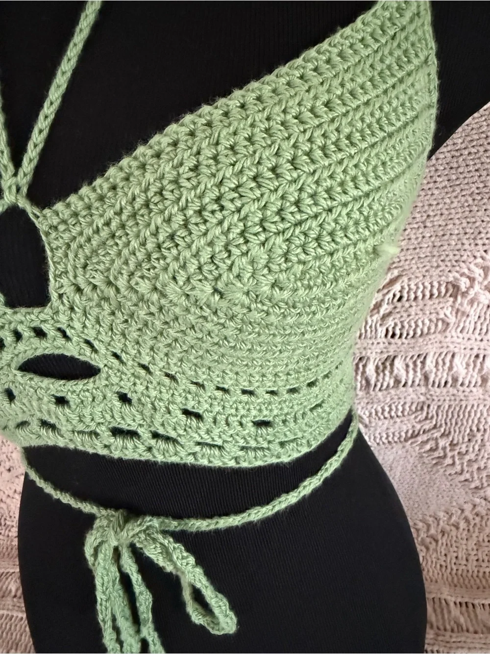Handmade Crochet Halter Crop Top in Sage Green (Cotton Yarn)