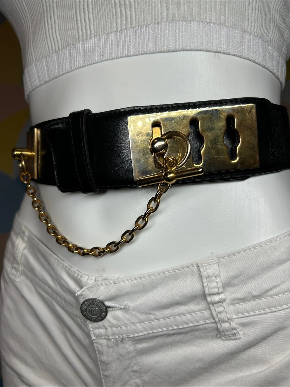 Vintage 1990s Black Leather Waist Belt with Gold Chain Accent Genuine Leather
