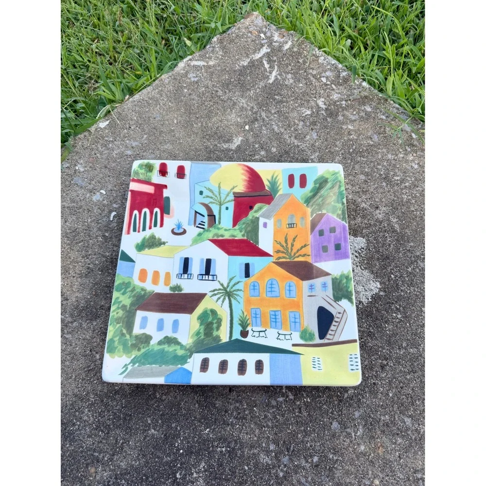 Pier 1 Villa Del Sol Hand Painted Square Plate Mediterranean Village Scene 10.5