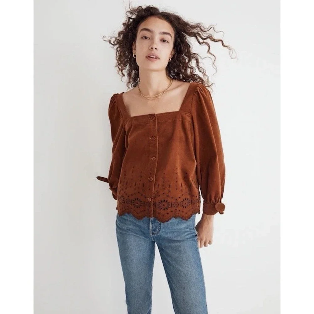 Madewell Corduroy Eyelet Embroidered Tie Sleeve Blouse Brown L Cottagecore
