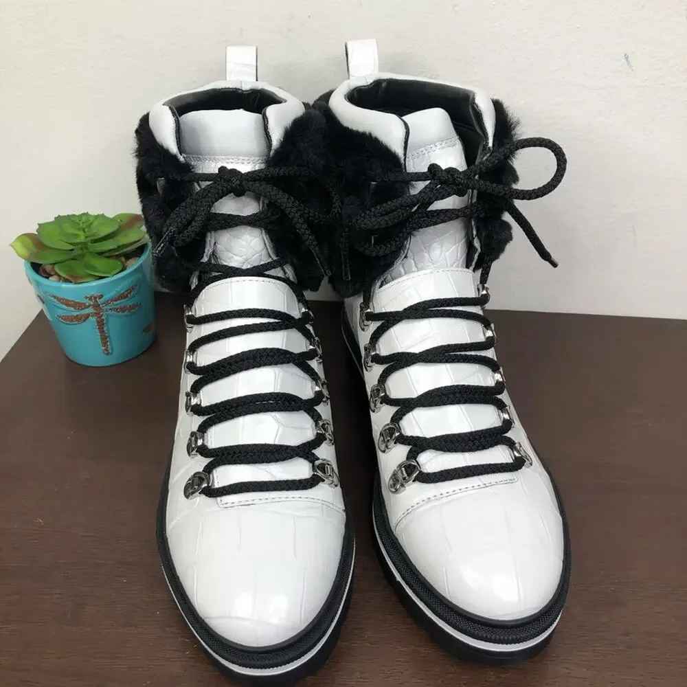 NEW Sigerson Morrison Macre2 White Black Leather Faux Fur Lace Up Winter Boots