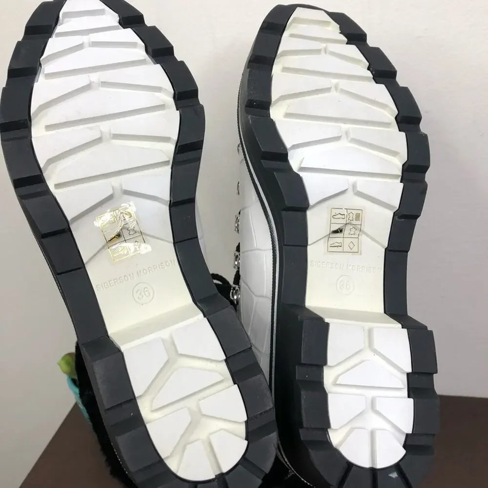 NEW Sigerson Morrison Macre2 White Black Leather Faux Fur Lace Up Winter Boots