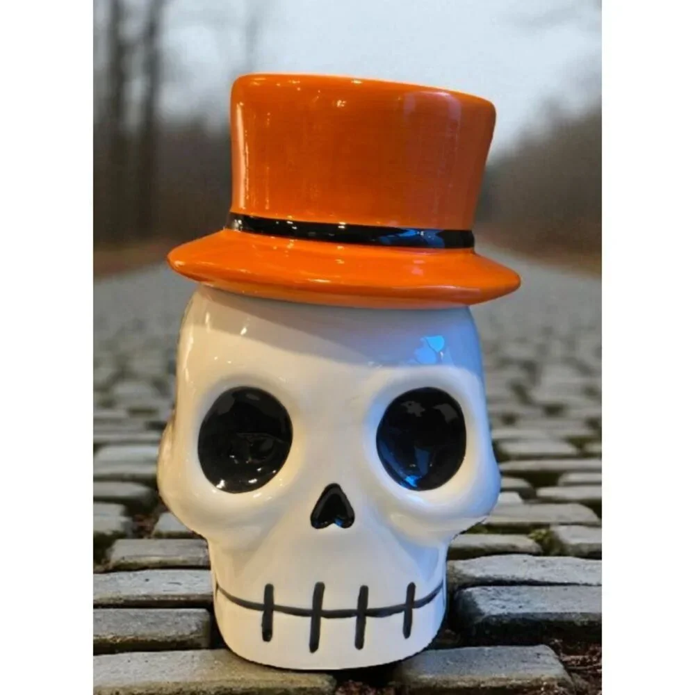New Halloween Spooky Ceramic Skull W/ Orange Top Hat Cookie Jar Decorative