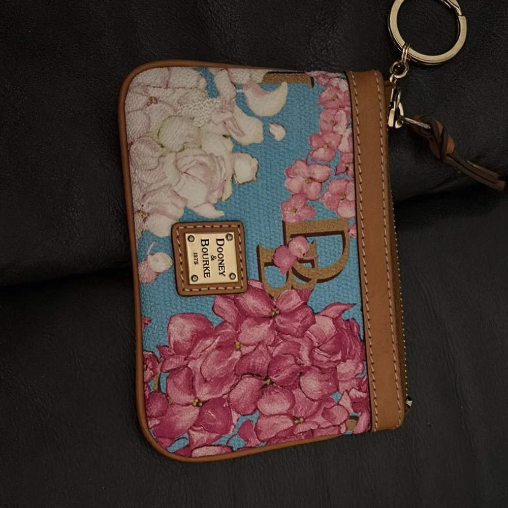 Dooney & Bourke Blue Floral Zip Card Holder with Tan Trim