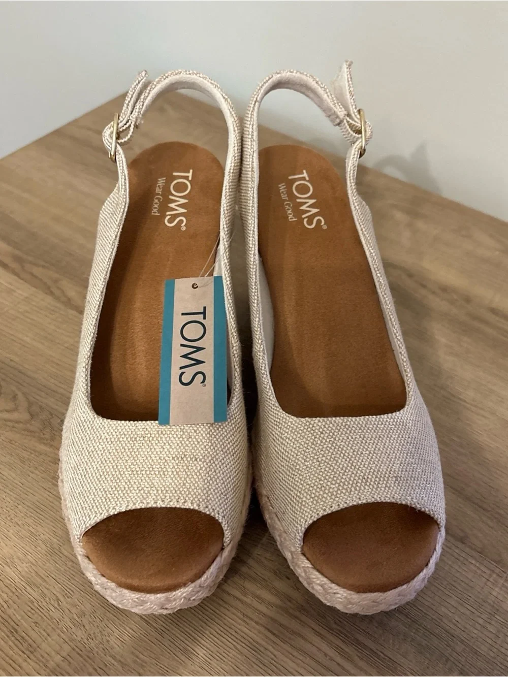 NWT TOMS Cream Canvas Peep-Toe Slingback Espadrille Wedges