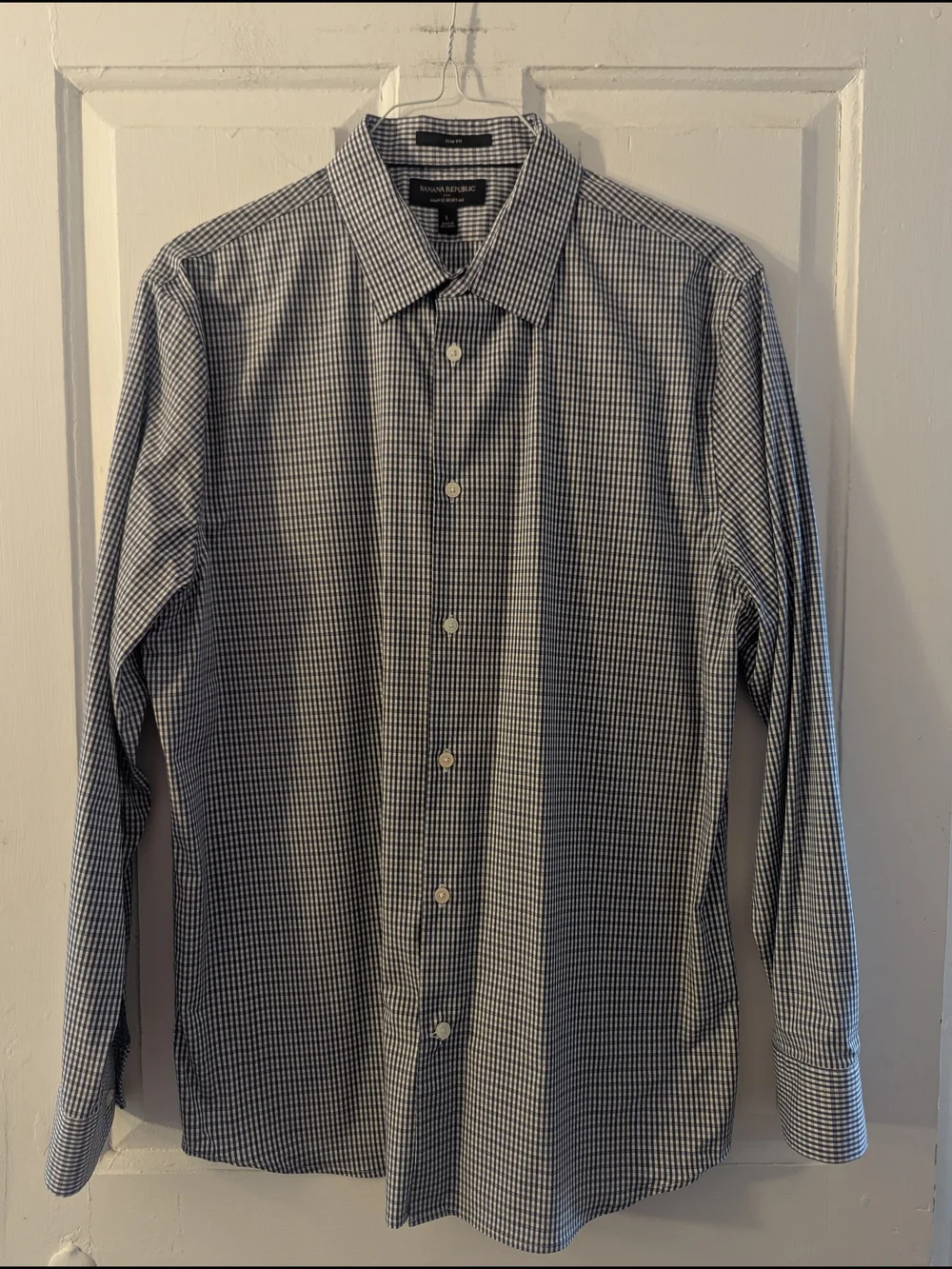 Banana Republic Men's Navy and White Micro Gingham Dress Shirt
