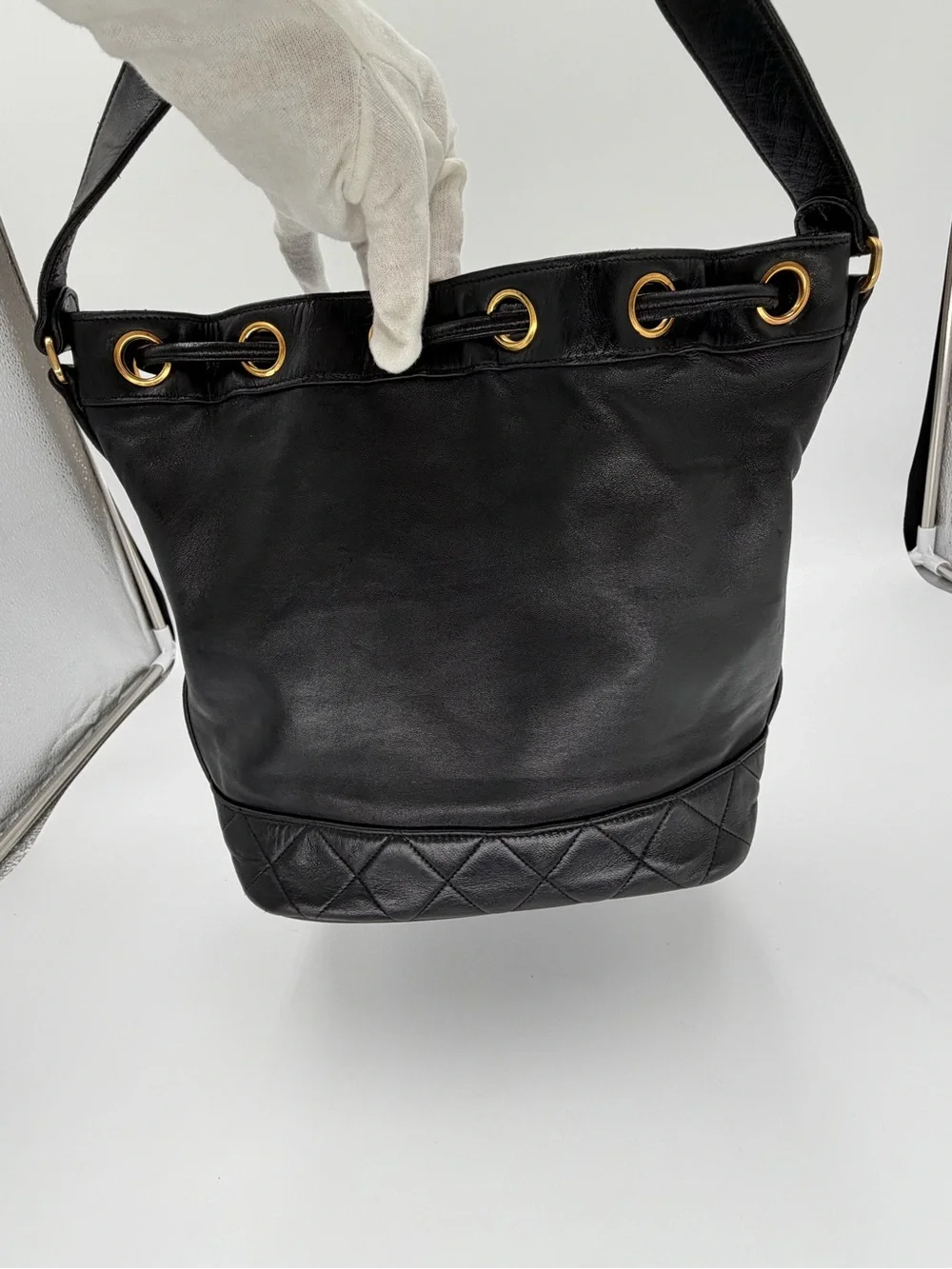 🖤💛CHANEL Black Lambskin Bucket Bag with Gold Chain W/Dust Bag and Entrupy COA