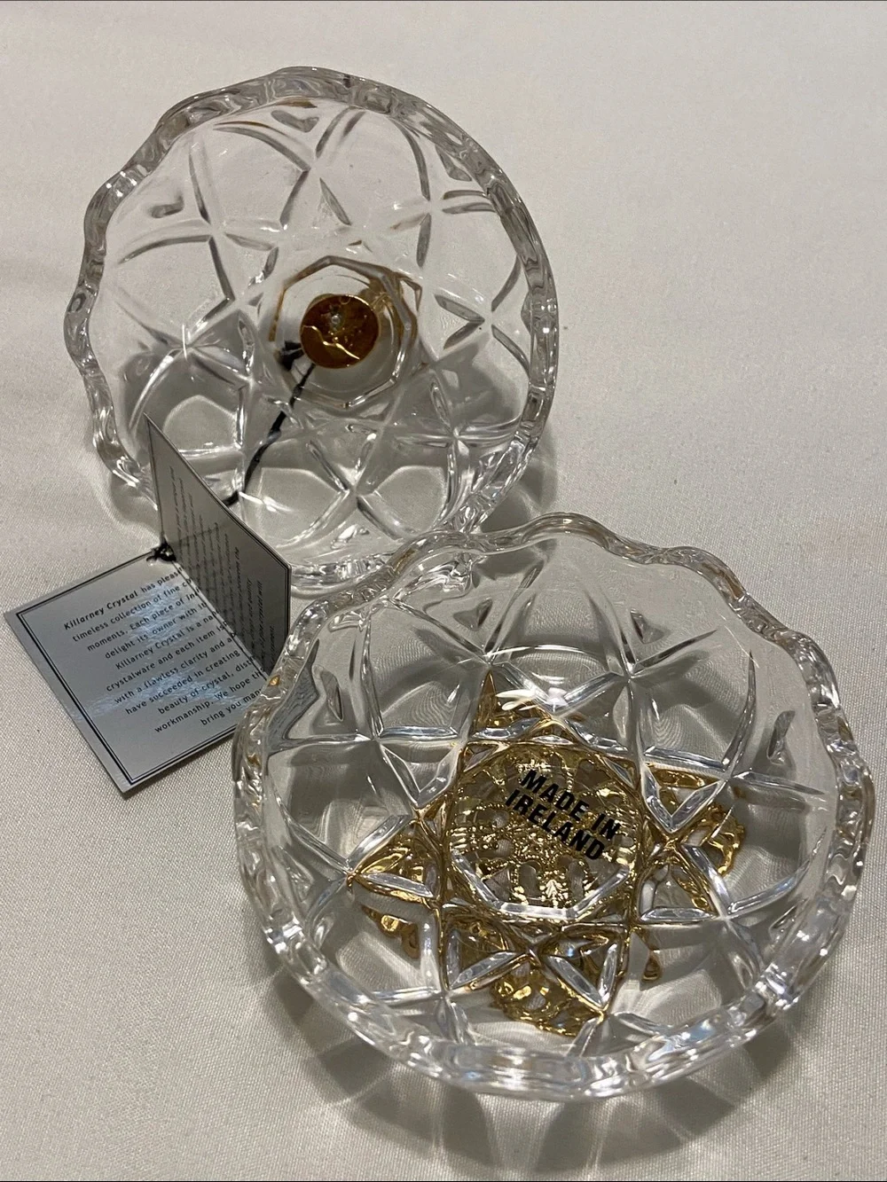 Killarney Crystal Ireland Cut Glass Trinket dish with Gold Claddagh Finial