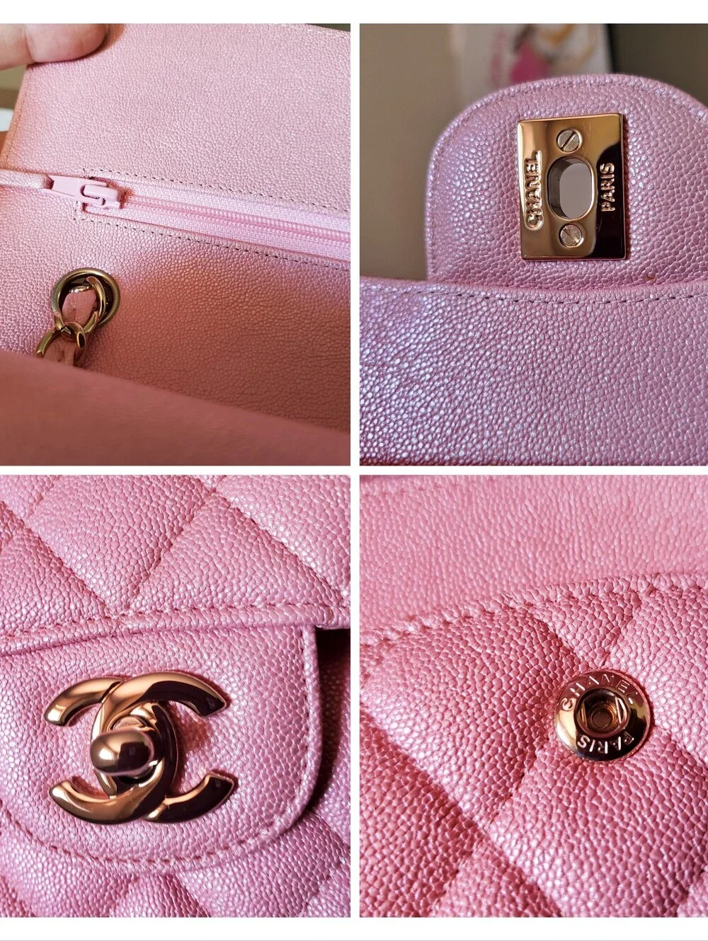 Chanel Classic Iridescent Pink Caviar Medium Gold Hw Bag