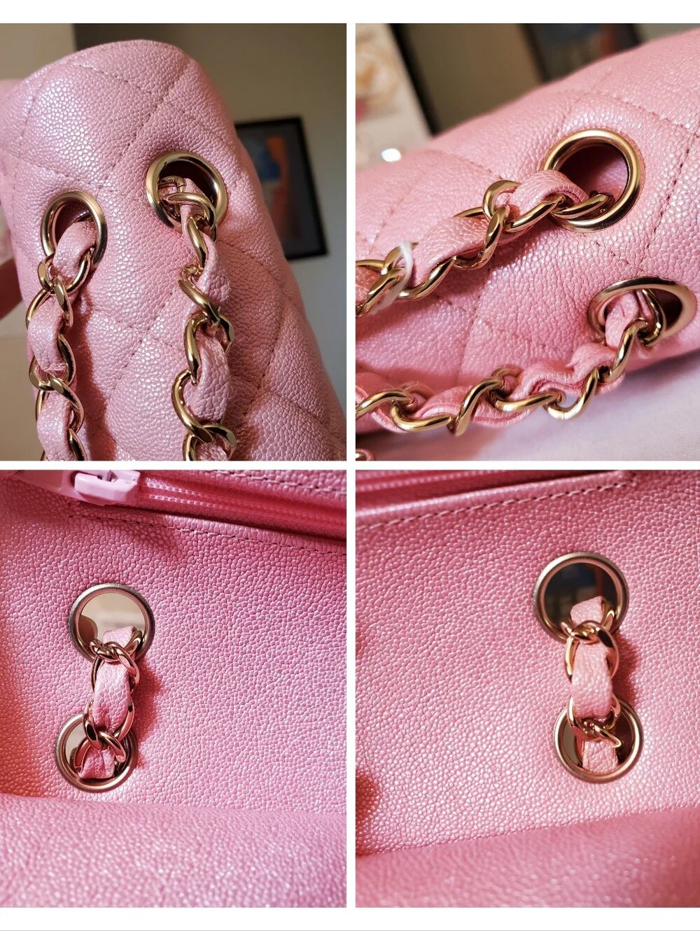 Chanel Classic Iridescent Pink Caviar Medium Gold Hw Bag